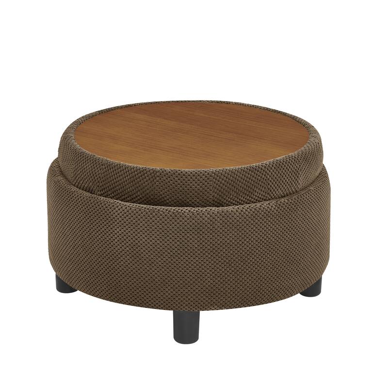 Round Storage Ottoman with Lift-Off Tray and Upholstered Fabric