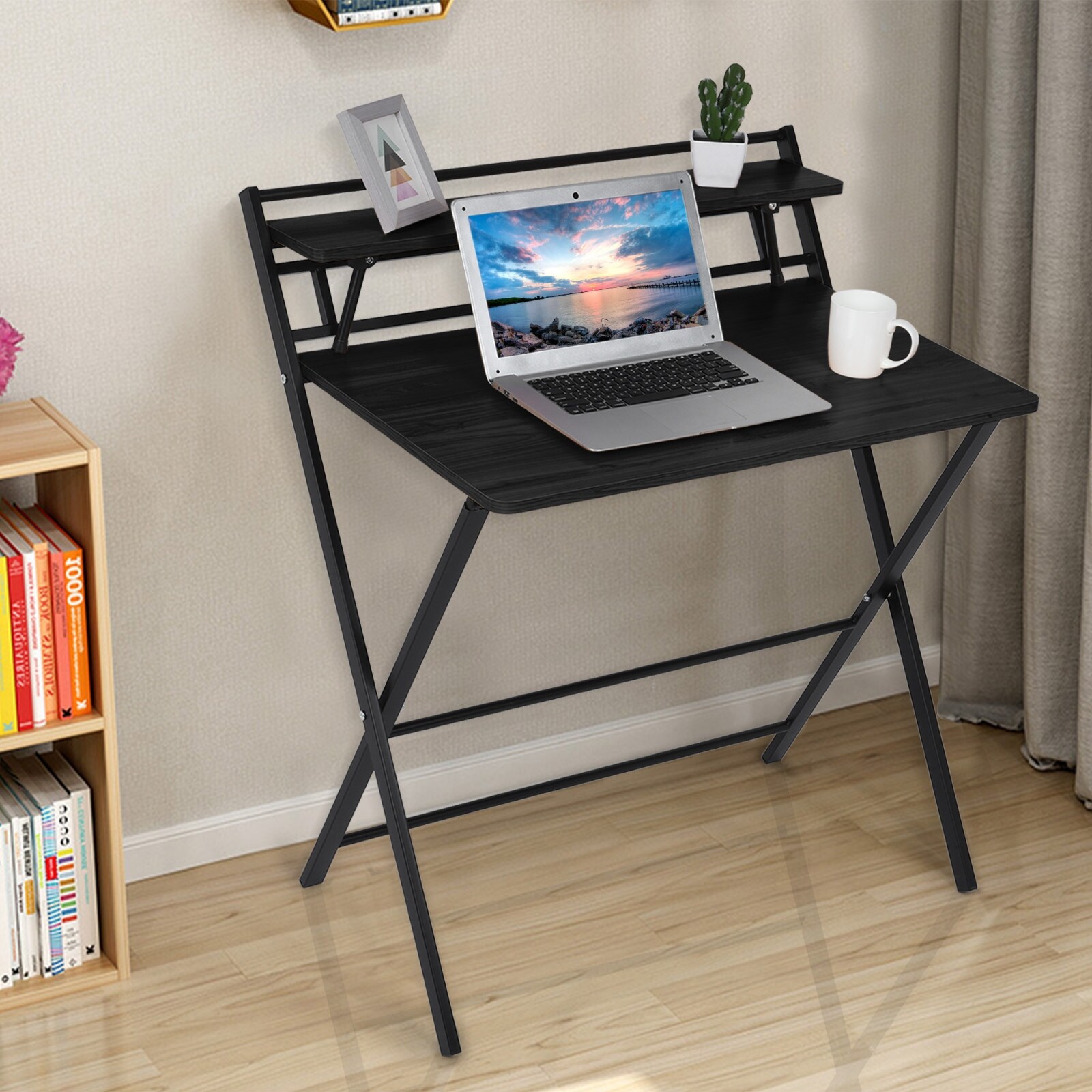 Folding Desk 2 layer Small Desk With Shelf Foldable Table Without