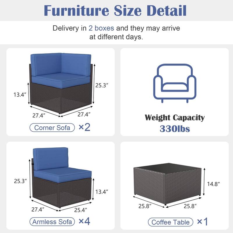 7PC Outdoor Patio Furniture Set, Wicker Patio Sectional Furniture Set with Coffee Table & Cushion for Garden, Backyard, Poolside