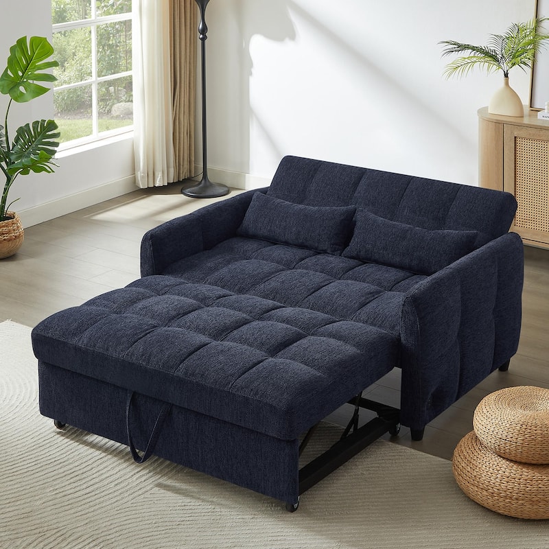 Chenille Loveseat Sofa Pull-out Sofa Bed, Upholstered Futon Sofa Adjustable Backrest Lounge Couch w3 USB Ports & 2 Pillows