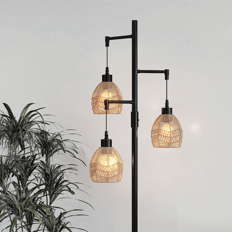 65" 3-Light Metal Floor Lamp With Rattan Cage Shades - Dimmable/Black