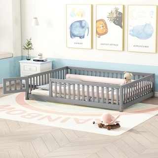 Full Size Bed Floor Bed with Safety Guardrails and Door for Kids, Gray
