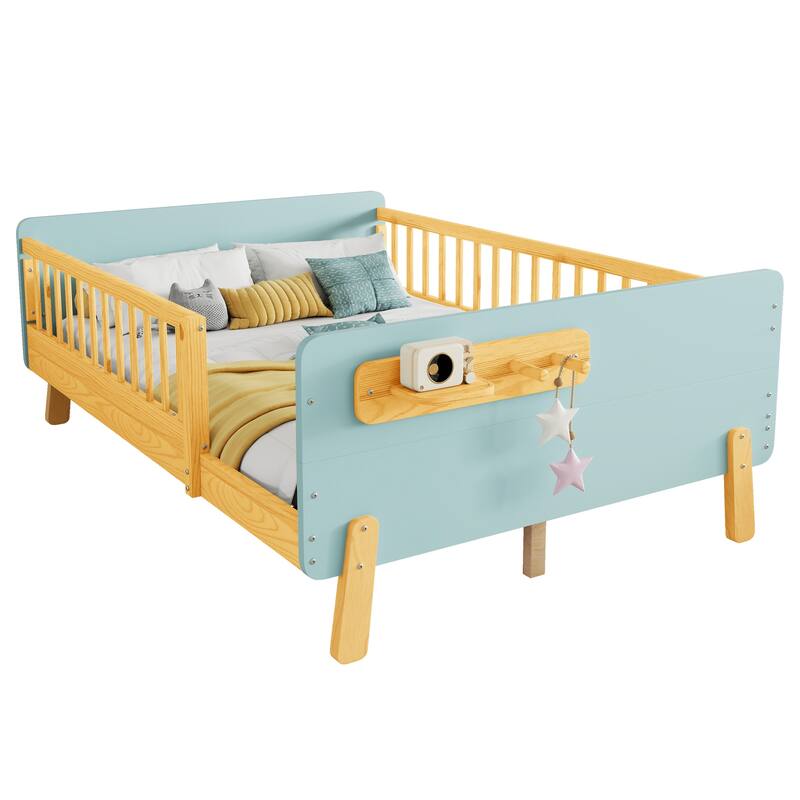 Kids Wood Platform Bed with Guardrails, Bottle Holder and 2 Hanging Rod, Convertible Toddler Daybed, Low Profile Design Frame