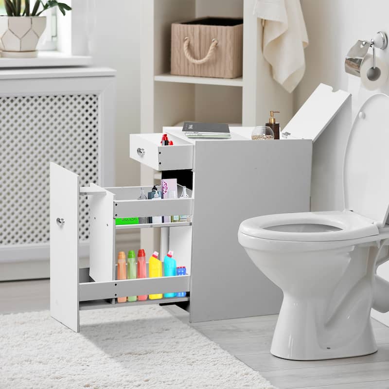 HOMCOM Bathroom Floor Organizer Free Standing Space Saving Narrow Storage Cabinet Bath Toilet Paper Holder with Drawers White - 6.75"W x 19"D x 23"H - Glossy - White