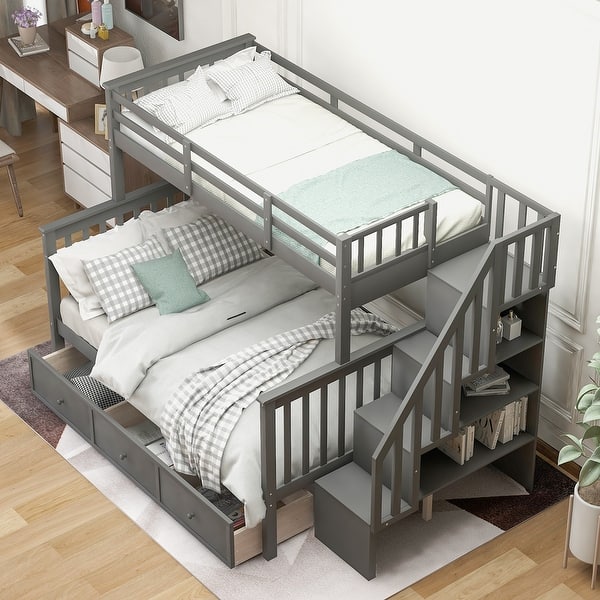 slide 2 of 57, Industrial Modern Stairway Twin over Full Bunk Bed with Drawer, Storage and Guard Rail for Bedroom, Dorm, for Adults, Gray