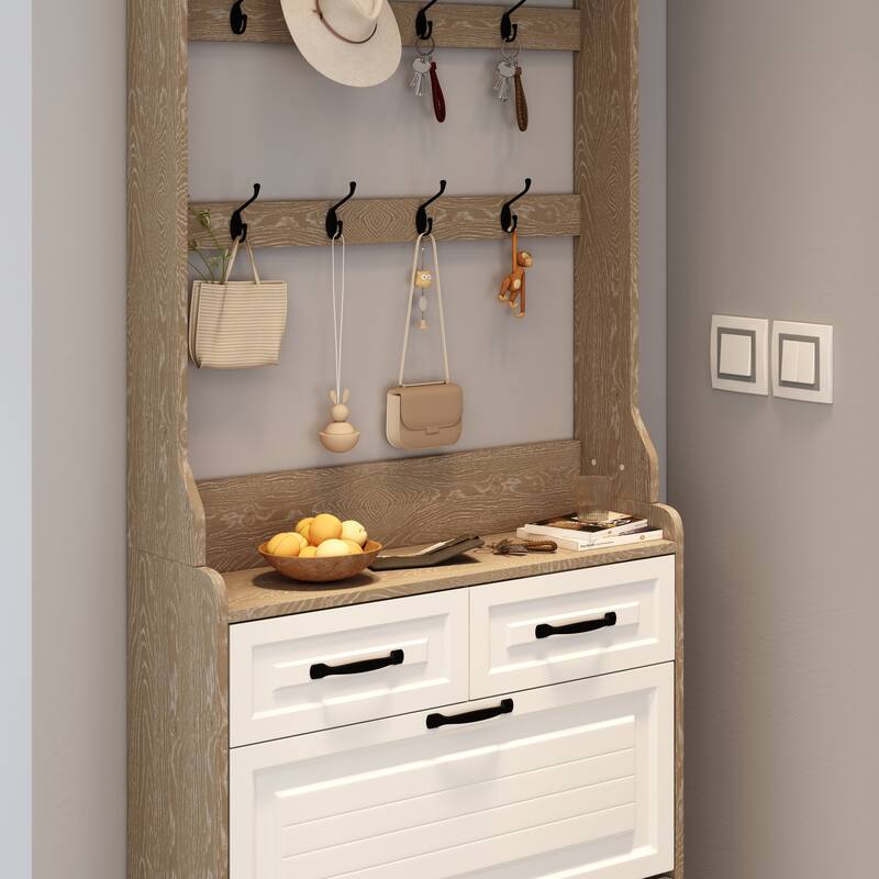 Shoe Cabinet with 3 Flip Drawers & 2 Drawers, Hidden Narrow Shoe Rack Cabinet, Entryway Wood Shoe Storage Organizer
