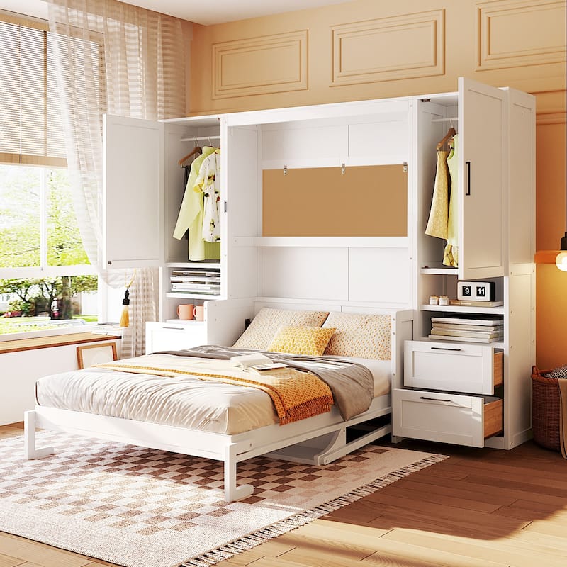 Full/Queen Size Horizontal Murphy Bed with Integrated Storage, Wood Wall Murphy Bed Frame with Closet, Drawers and Shelves