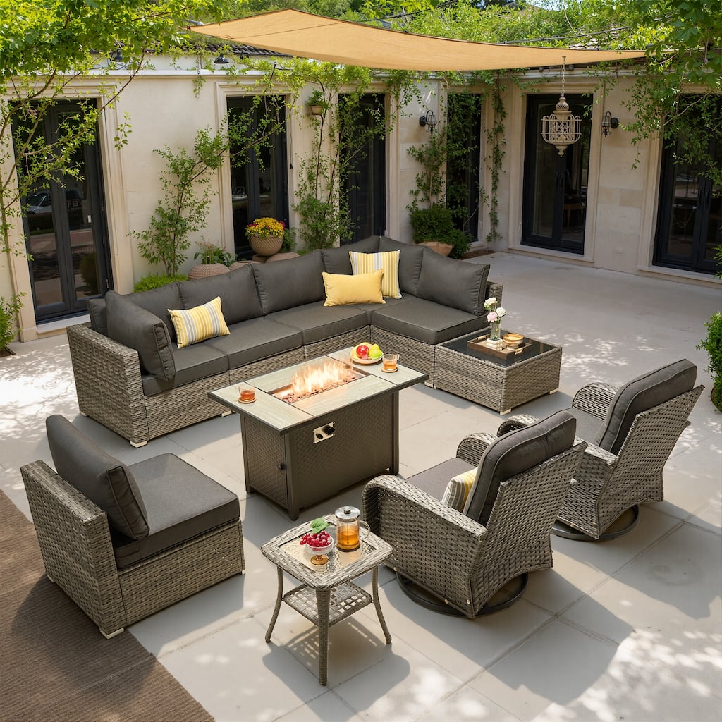 HOOOWOOO 11-piece Wicker Furniture Set Outdoor Sectional Sofa with Fire Pit