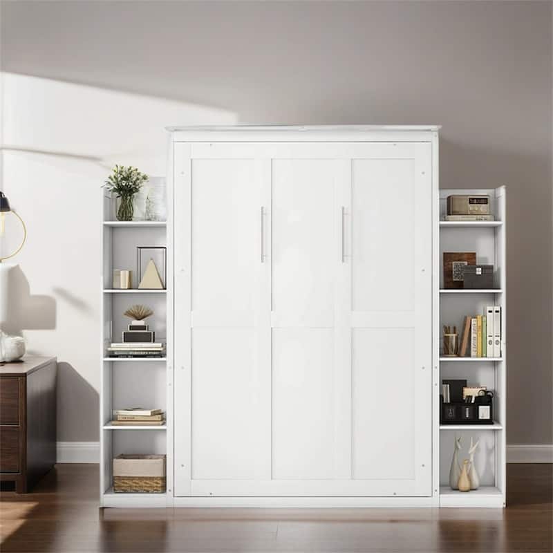 Full Size Murphy Bed Wall Bed with Shelves and LED Lights,Frame Bed