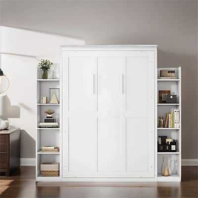 Full Size Murphy Bed Wall Bed with Shelves and LED Lights,Frame Bed