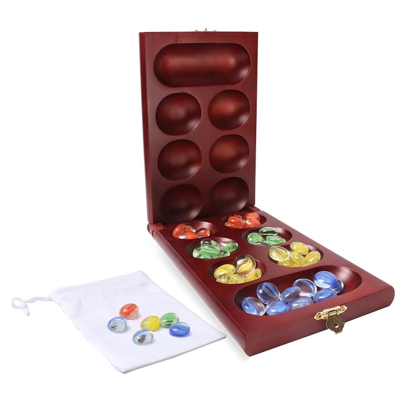 GSE™ Mahogany Folding Wooden Mancala Board Game with Multi-Color Glass Stones and Storage Bag