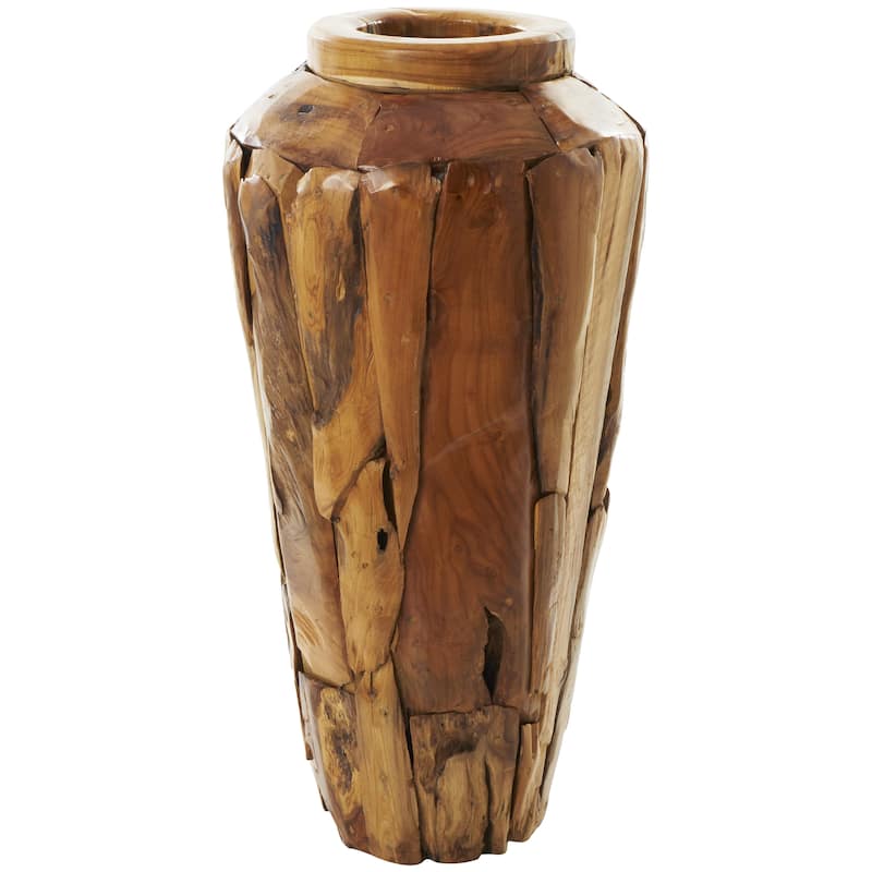 Teak Wood Handmade Floor Decorative Vase with Mosaic Live Edge Pieces - Brown - Roche River Decor - Brown - 15"W, 32"H