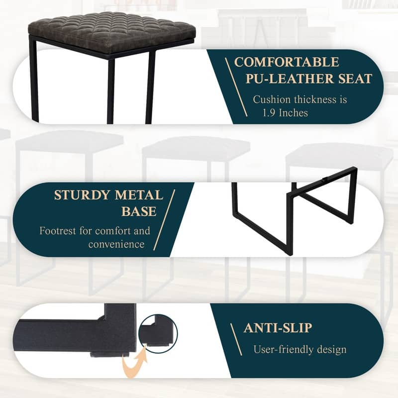 Quincy Leather Quilted Counter Height Barstool (Set of 2) with Upholstered Square Seats & Footrest for Home Bar & Kitchen