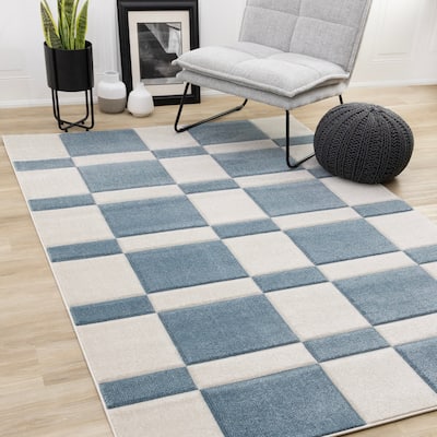 Fabio Collection - Layered Blue White Blocks Area Rug