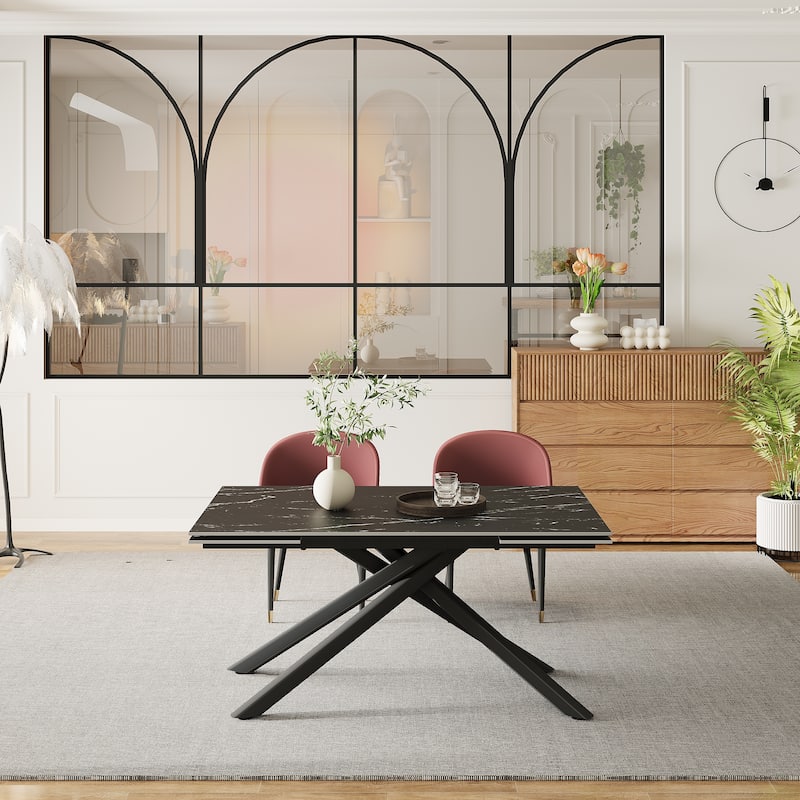 9 - Piece Extendable Rectangular Sintered Stone Cross Legs Dining Set With 8 Chairs For Home or Villa