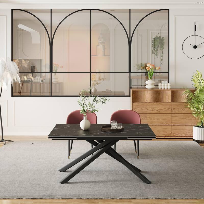 9 - Piece Extendable Rectangular Sintered Stone Cross Legs Dining Set With 8 Chairs For Home or Villa