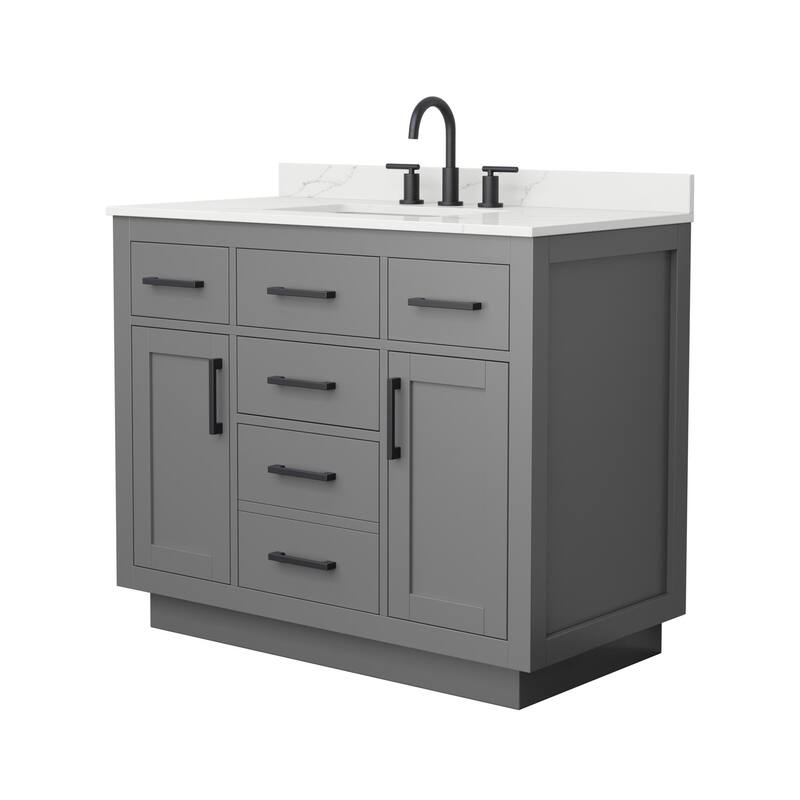 Beckett TK 42-inch Single Vanity, 3 Hole Quartz Top - Dark Gray, Black Trim, Giotto Quartz Top