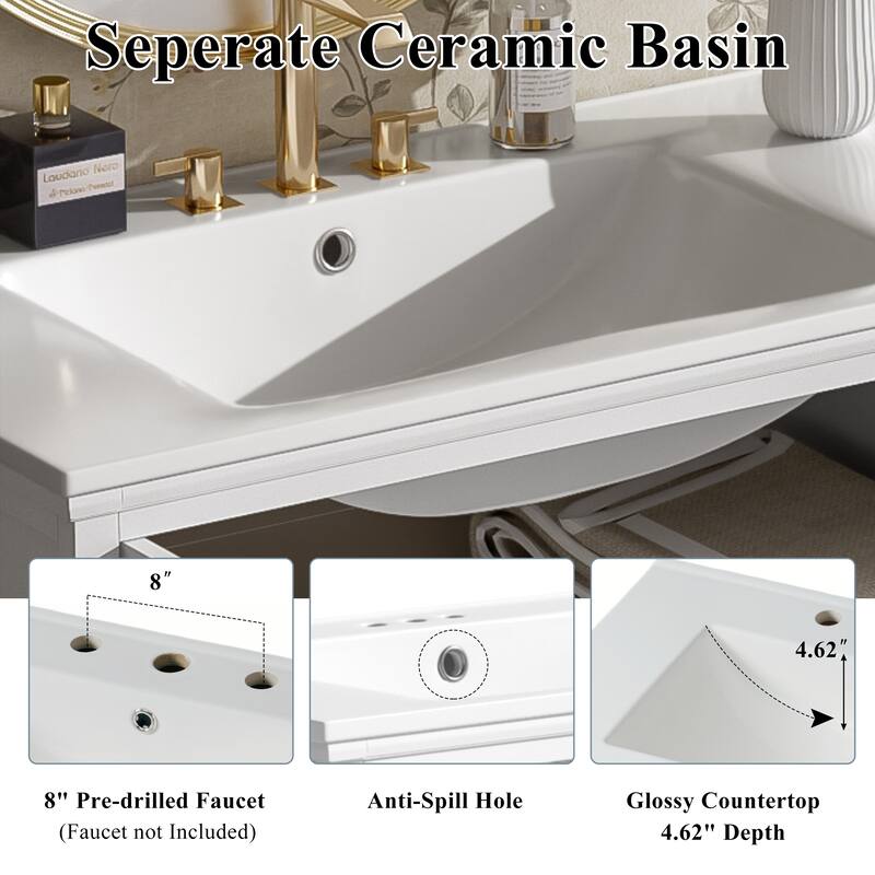 30"Bathroom Vanity with Ceramic Sink, Tempered Blurred Glass and Matte Black Handles, Large Storage Space and Rubber Wood Frame