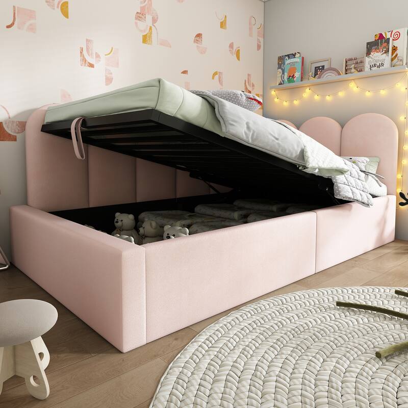 Velvet Upholstered Daybed, Twin Size Lift Platform Sofa Bed Frame, Hydraulic Storage Bed Frame, Heavy Duty Metal Slat Support - Pink - Twin