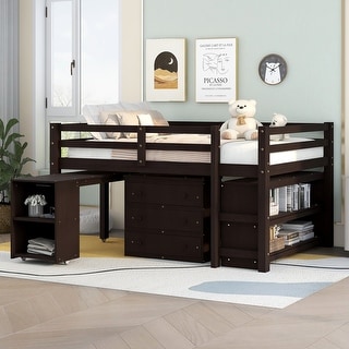 Minimalist Design Full Size Wood Loft Bed,Low Study Bed with Rolling Portable Desk,Ample Storage Space