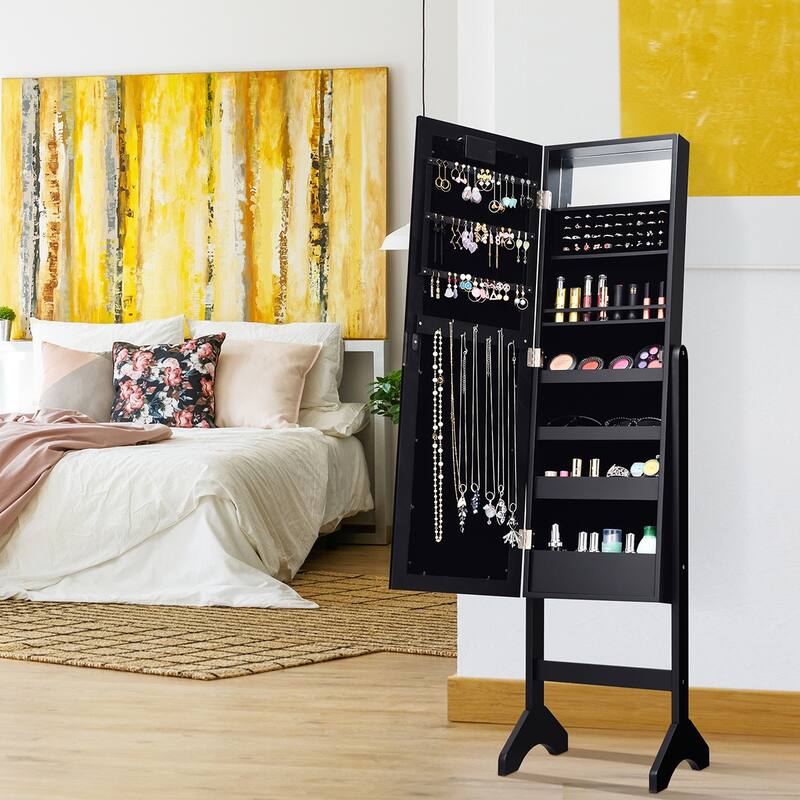 Costway Mirrored Jewelry Cabinet Organizer w/18 LED lights Black