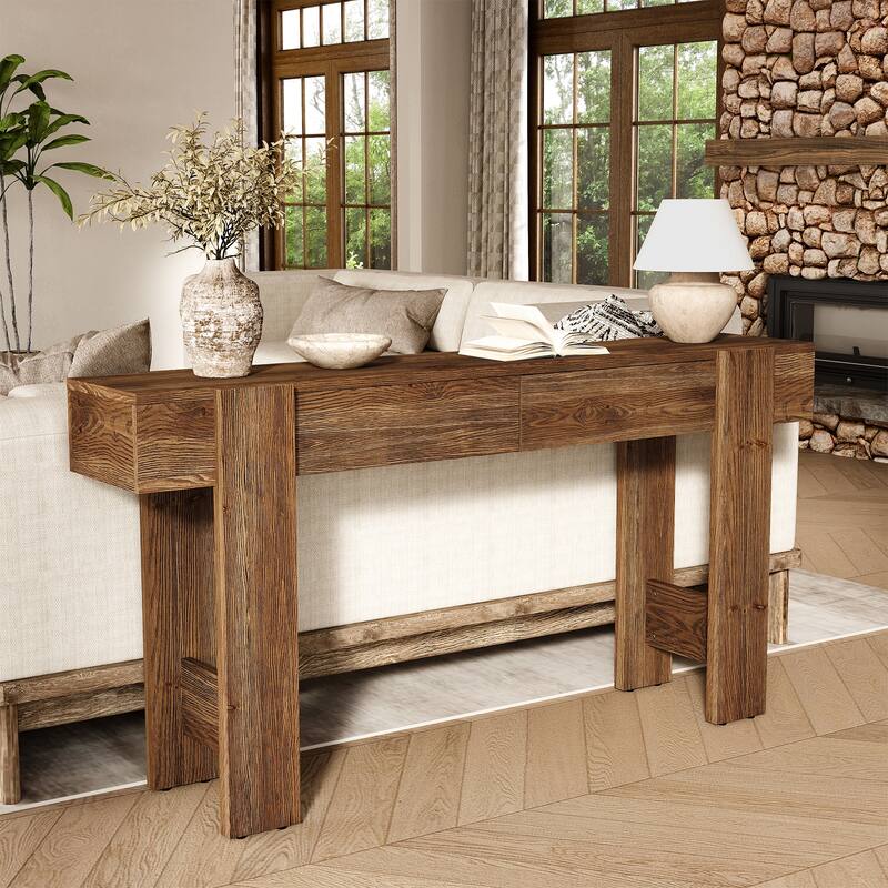Solid Wood Entryway Table, 63" Long Console Table with 2 Drawers