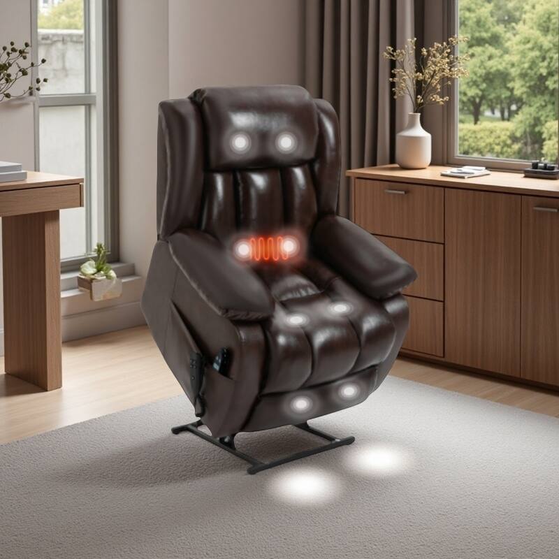Dual Motor Electric Lift Recliner with 8-Point Massage, Lumbar Heat, and Genuine Leather Upholstery - Antique brown