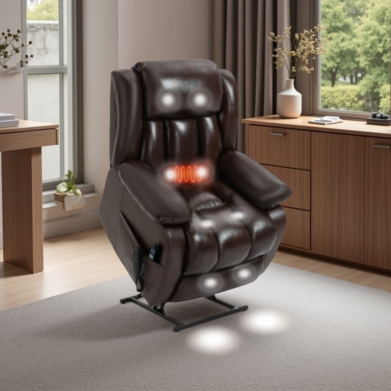Dual Motor Electric Lift Recliner with 8-Point Massage, Lumbar Heat, and Genuine Leather Upholstery
