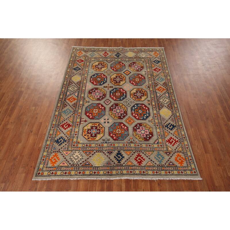Geometric Kazak Area Rug Living Room Handmade Wool Carpet - 5'7" x 7'10"