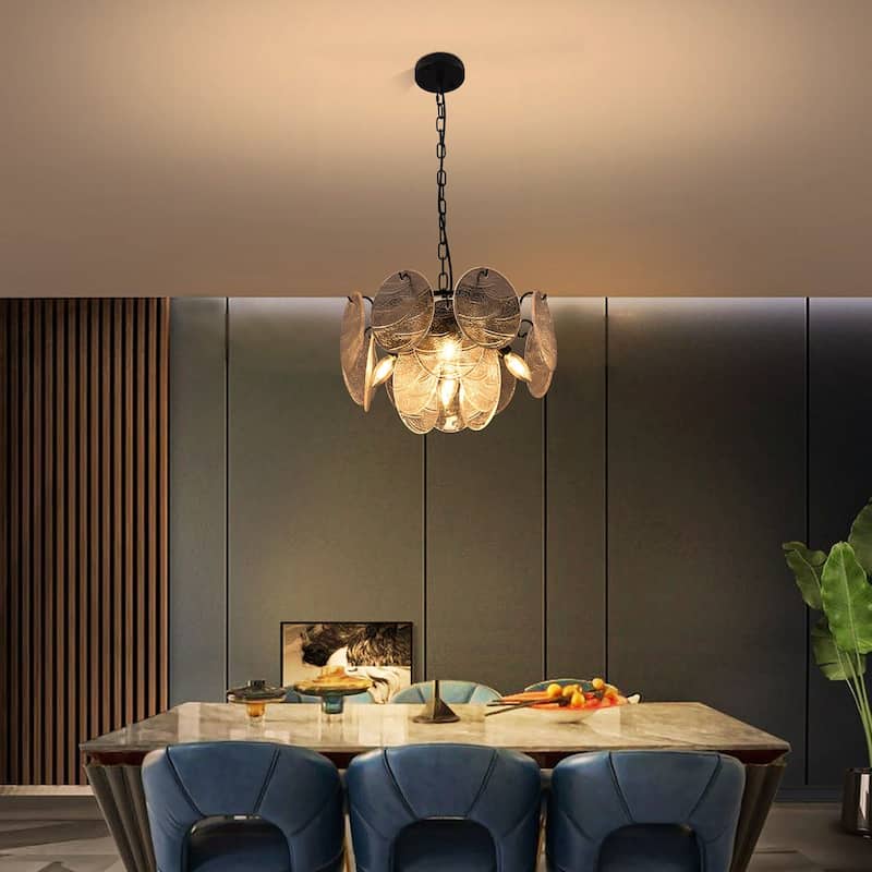 5-Lights Modern Simple Transparent Textured Glass Shade Chain - Hanging Chandelier for Living Room Bedroom Kitchen - Mattle Black