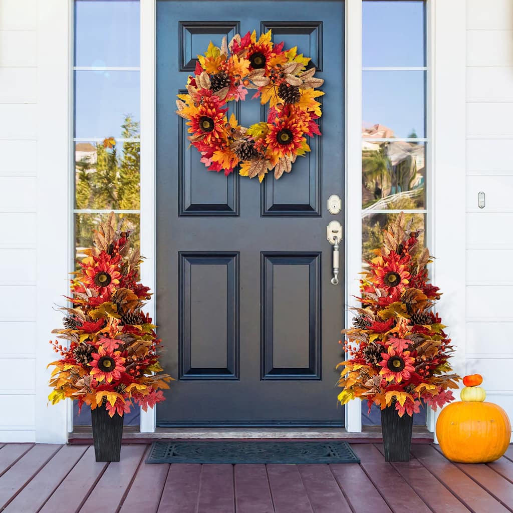 Glitzhome 24"D Fall Thanksgiving Sunflower Pinecone Berry Artificial Wreath or Potted Tree for Front Door Decor