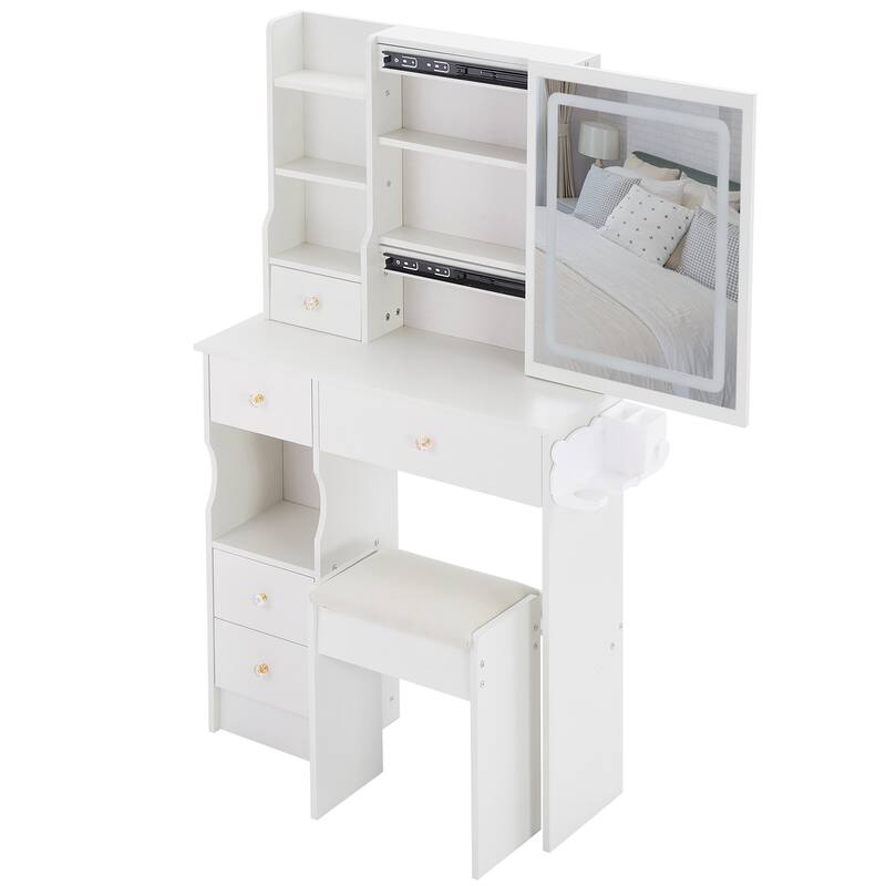 29.2"Small Size Left Drawer Desktop Vanity Table+Cushioned Stool,Hair dryer bracket,Extra Large Touch Control Sliding LED Mirror