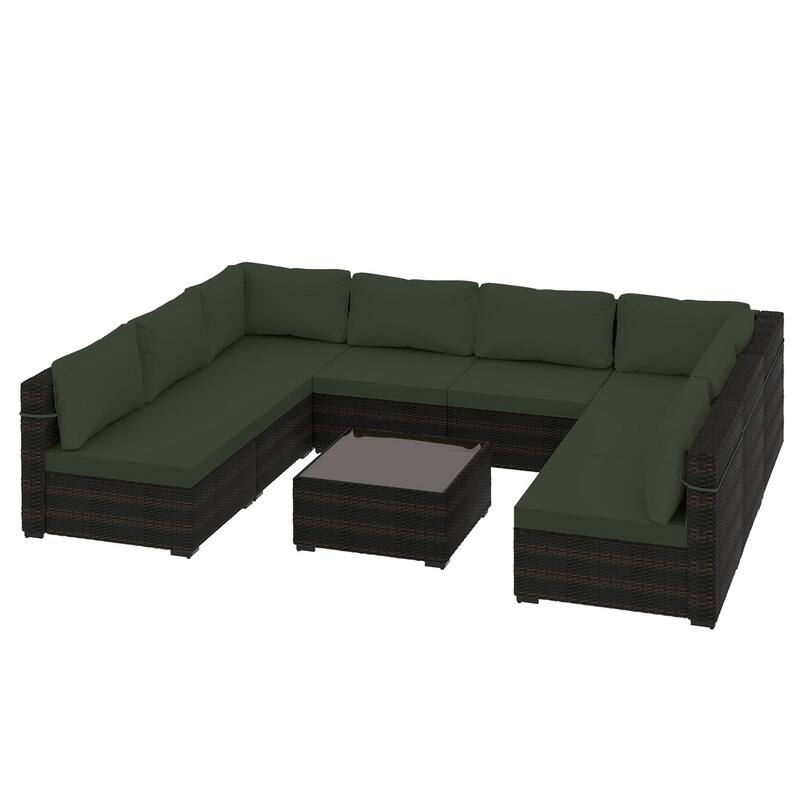 Patio Watcher Outdoor 8 Seater Rattan Sectional Set with Cusions and Coffe Table