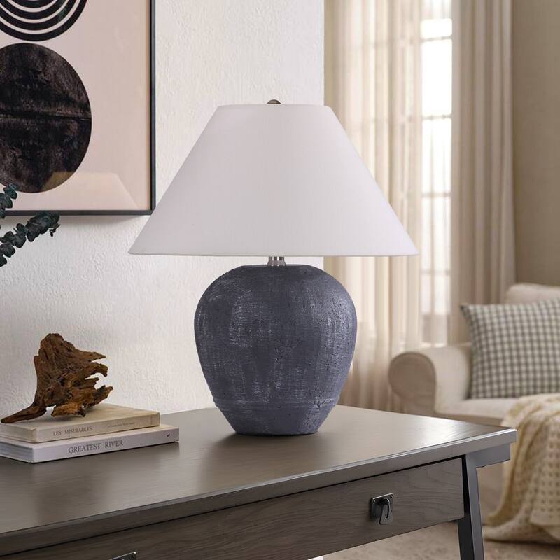 Modern Ceramic Table Lamp with Cone Linen Shade - Small:15.6"Wx15.6"Dx18"H - Dark Grey-Single