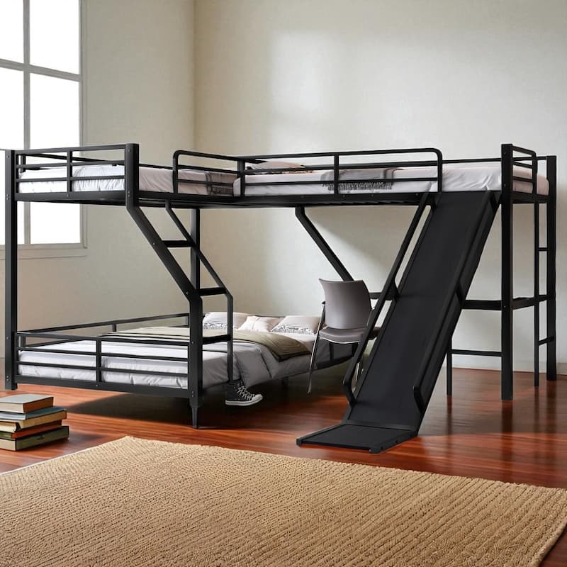 L-Shaped Metal Triple Bunk Bed with Slide & USB, Twin XL over Queen/Twin over Full with Loft, Noise-Free, Black