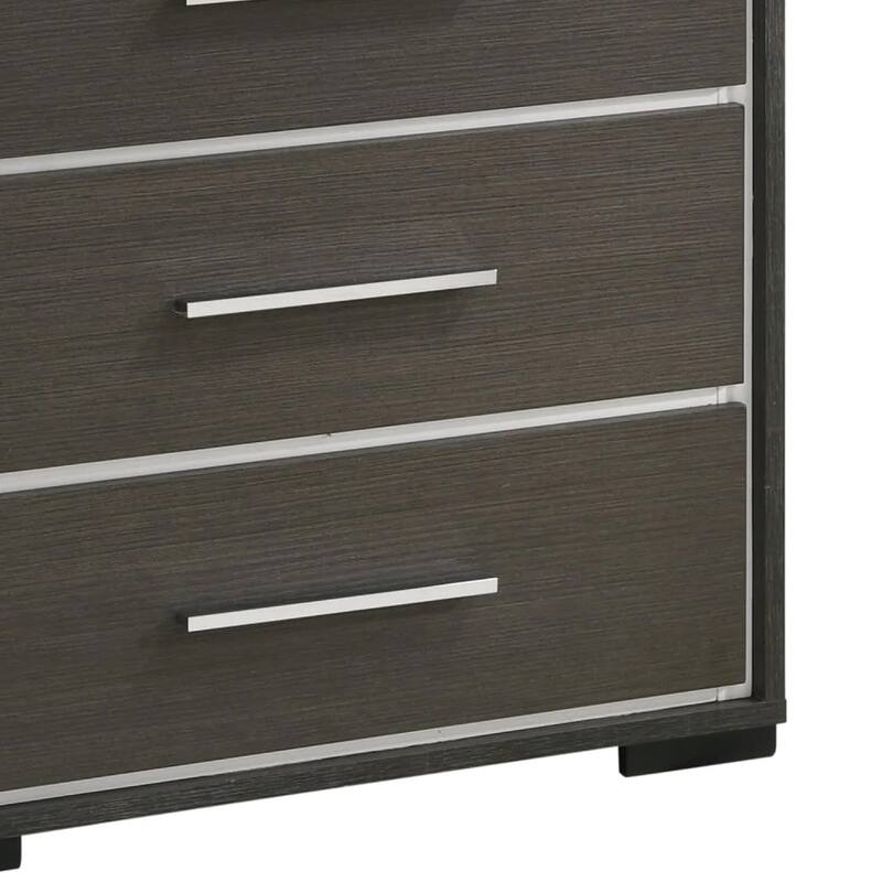 Hez Tall Dresser Chest, 5 Drawers, Silver Trim, Modern Dark Brown Finish