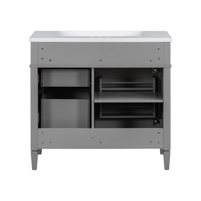 Freestanding Bathroom Vanity & Wall Mounted Mirror Cabinet Set with Resin Sink, Open Shelves, Drawers and Adjustable Shelves