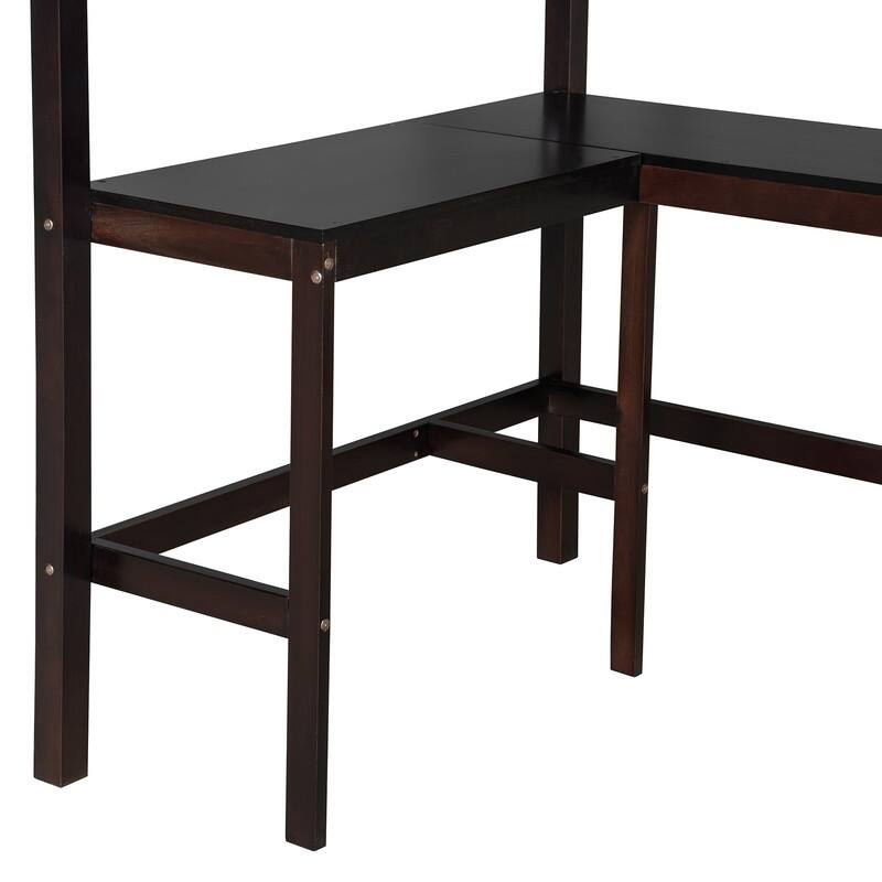 Twin size Loft Bed with Shelves and Desk, Wooden Loft Bed with Desk - Espresso
