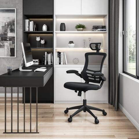 Modern Ergonomic High-Back Office Chair, Executive Mesh Home Office Chair with Adjustable Headrest & Flip Up Arms, Black