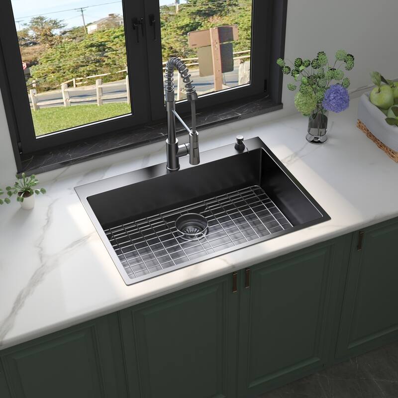 Drop in Topmount 18 Gauge Stainless Steel Single Bowl Kitchen Sink with Pull Out Faucet