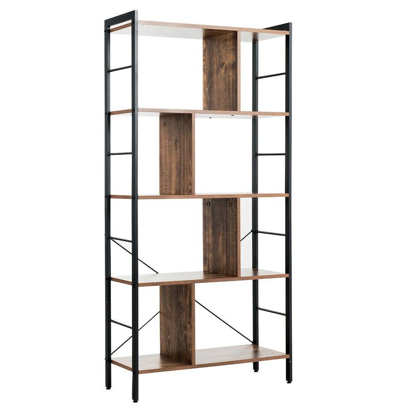 Modern Industrial 4-Tier Bookcase with Sturdy Metal Frame and Dividers - 29" x 12" x 61" - Rustic-Brown