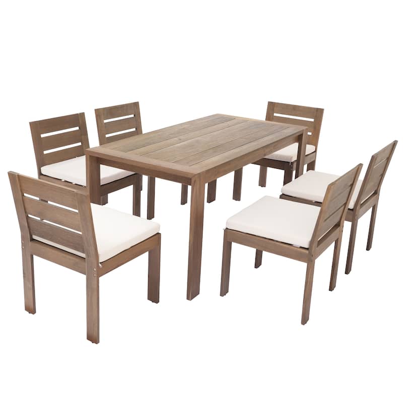 7 Piece Outdoor Dining Table Set, Acacia Wood Dining Table and Chair Set with Removable Cushions - Natural