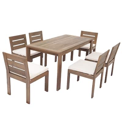 7 Piece Outdoor Dining Table Set, Acacia Wood Dining Table and Chair Set with Removable Cushions