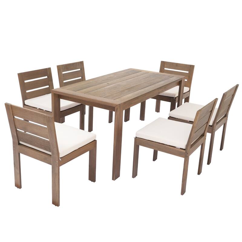 7 Piece Outdoor Dining Table and Chair Set, Acacia Wood Patio Furniture Set with Rectangular Table and 6 Dining Chairs