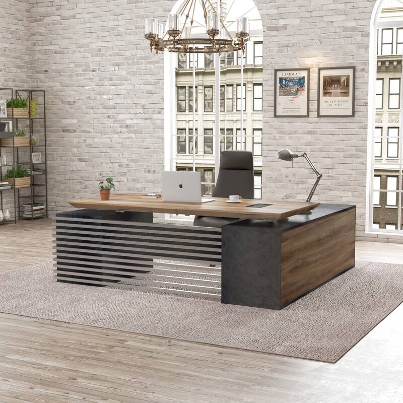 Adjustable L-Shaped Executive Desk with Outlets File Cabinets 3 Drawers Custom Size & Color