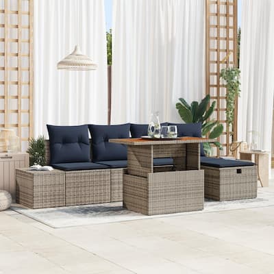 vidaXL 6 Garden Sofa Set with Cushions Black/Grey Poly Rattan - 115.8 x 46.1 x 27.2