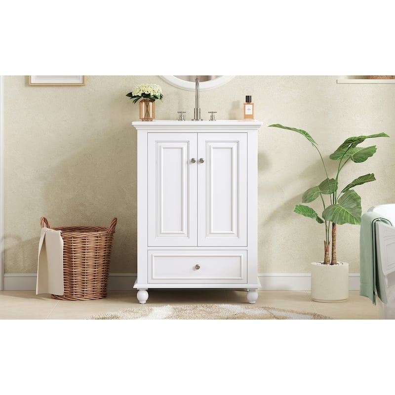 24"Bathroom Vanity with Ceramic Sink, Storage Cabinet with Soft Closing Doors, Bathroom Cabinet with Drawer and Drawer Dividers