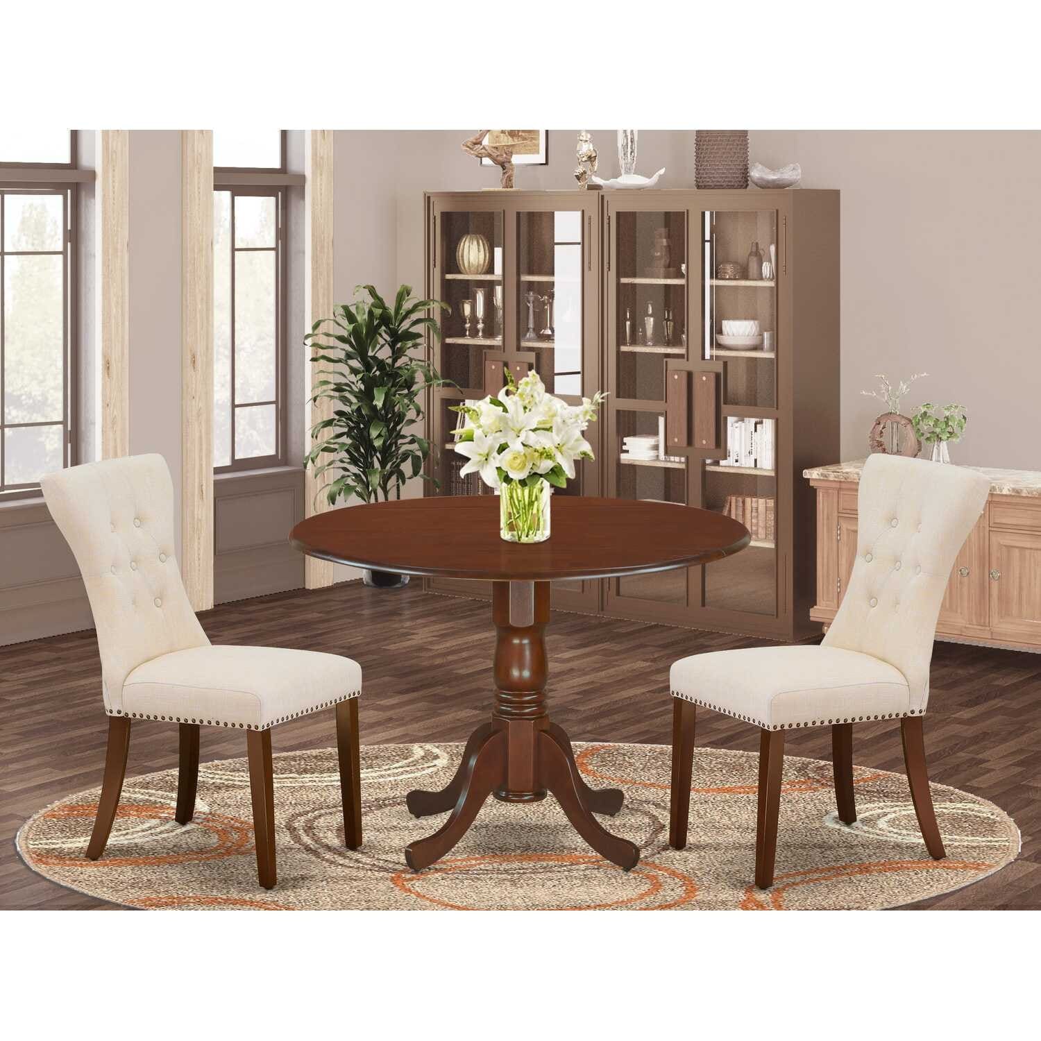 3-Piece Mahogany Finish Solid Wood Top - Round Dining Room Set - Seats 4
