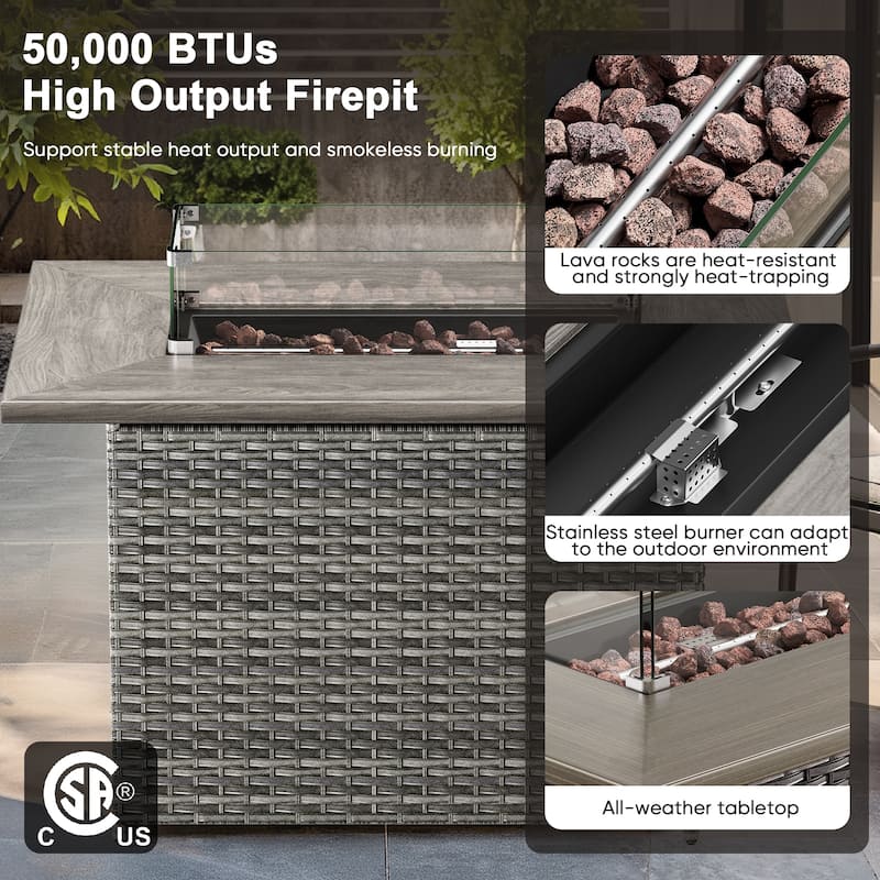 Meyreso 41 in. Rectangular Brown Wicker and Metal Propane Gas Outdoor Fire Pit Table with Lava Rocks, 50000 BTU
