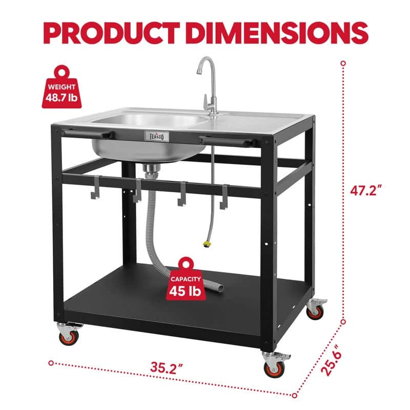 FEASTO 35-Inch Outdoor Grill Cart with Stainless Steel Sink, Rolling BBQ Prep Table with Faucet, Storage Shelves and Wheels
